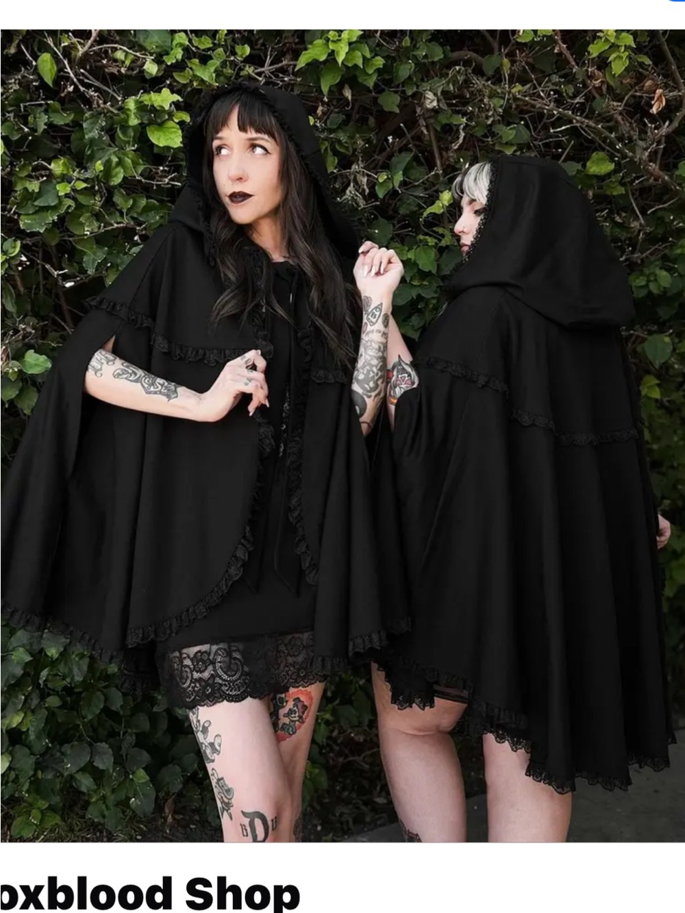 Foxblood Black Hooded Gothic Cape with Lace Trim